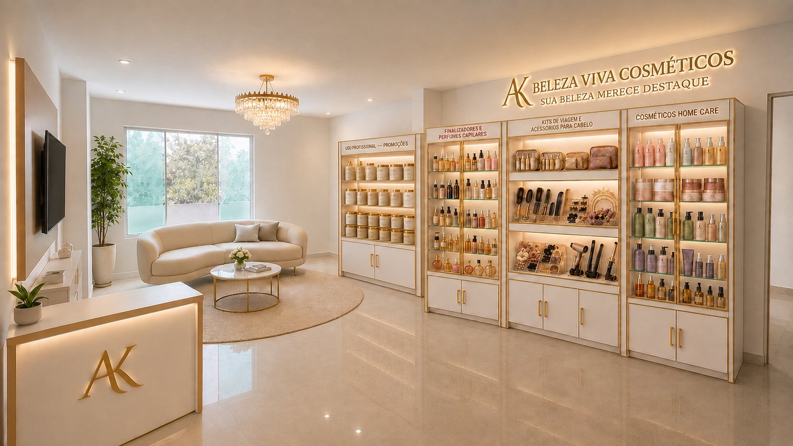 Showroom da AK Beleza Viva com cosméticos profissionais e Home Care em exposição